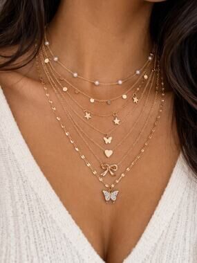 Gold Layered Necklace Set Dainty Star Pearl Butterfly Heart Stack Trendy Y2K New